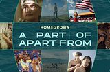 A promotional image for ‘HOMEGROWN: A Part Of/Apart From,’ featuring an image of a globe with grid lines; between the grid lines are alternating images of ocean water and stills from the films including Native Hawaiians, Chamoru people, U.S. Virgin Island residents, and Puerto Rican residents.