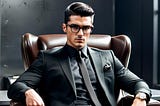A gorgeous guy with short black hair, glasses, and sitting in a swivel chair like the boss he is.