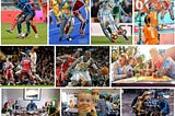 This image collage contains various sports and everyday scenes that have been analyzed using a pose estimation model. The images show the detection and visualization of key body joints and poses using colored markings and overlays. The scenes include soccer, basketball, and casual social settings. Without identifying any specific individuals, the image demonstrates the application of pose estimation technology across different domains and activities.