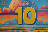 Generated by Generative AI. Painting in the style of peter max with a large number \”10\” in front of clouds.