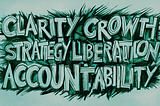 Hand-drawn words Clarity, Growth, Strategy, Liberation, and Accountability in bold, uppercase letters with a spiky, textured background in green and black tones for a striking visual impact. Image credit: The Ratchet Sage™ (Canva) — “What Accountability Offers” under the following license: Authentic Distinction™ exclusive.