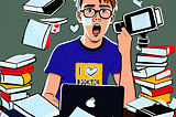 A teenager wearing an “I love BookTok” t-shirt, surrounded by hovering books he is promoting and a camera mounted on a tripod. He’s sitting at a desk with a laptop and more books.