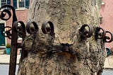 In the foreground, evidence of segments of a wrought iron fence are embedded in the trunk of a tree that has grown over them leaving just their curled tops showing. The background is the street, sidewalk, and brick townhouses across from the tree.