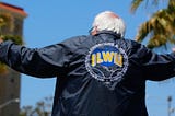 Bernie Sanders in an ILWU windbreaker at a Southern California rally with longshore workers in 2016.