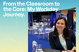 A Workday Life Blog promotional graphic with a 7-minute read time, featuring the title “From the Classroom to the Core: My Workday Journey” set against a blue and yellow gradient background. The image showcases Workmate Aneta seated at a table with a Workday-branded laptop displaying an “EverydayAI” sticker, introducing her personal story about career growth within Workday.