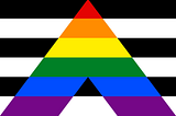 the ally flag. The letter “A” in a stripped rainbow over a black and white stripped background