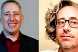 Side by side photo of the author as a real estate agent with a short haircut and in a suit, and a photo of the author with a beard and wavy gray hair as a writer.