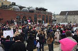 Protestors gathered in front of the Asbury Biergarten in Asbury Park on January 17, 2017.