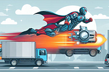 An image generated by Bing Image Creator showing a comic book superhero and a delivery truck