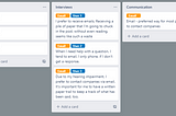 3 columns in Trello, some of the cards have two labels: one giving the user id and the other names the theme the card is attributed to