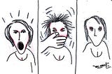 Primer viñeta, mujer grita. Segunda viñeta, una mano tapa la boca de la mujer. Tercer viñeta, mujer te mira, no tiene boca.