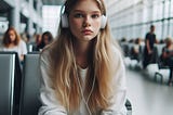 a white girl sitting alone in public with her headphones on, looking emotionless