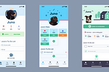 Three screen mockups depicting design iterations over time. The mockups portray an electric dog collar app for a dog named Juno.