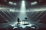 An empty, darkened stadium with a single spotlight illuminating an unoccupied gaming chair and desk, symbolizing the absence of players. The background subtly blends global landmarks into shadows, with a faint world map on the floor, representing the global implications of ethical decisions in esports. The overall tone is somber and reflective, emphasizing the serious nature of human rights issues in the context of international gaming events.