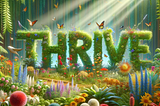 thrive is the 2024 word them for the year — green lush surroundings, butterfly’s flying, flowers every where and beautiful sunlight