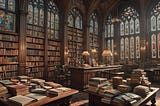 A beautiful oak library with stained glass windows and publications books and magazines