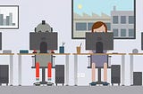 Illustration of three people and one robot each sitting in front of a PC