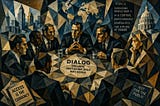 A landscape-oriented Cubist illustration depicts an exclusive gathering of powerful figures seated around a conference table labeled “DIALOG.” The participants are rendered as fragmented geometric forms in shades of blue, gray, gold, and black, emphasizing abstraction and anonymity. Behind them, a fractured world map, city skyline, and domed government building suggest global influence and political power. Text panels reference topics such as artificial intelligence, biotechnology, geopolitics,