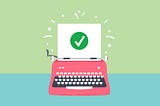 A typewriter with a green check mark on paper