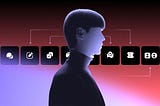 Illustration of a person in profile with a horizontal row of AI intent-mode icons behind them, connected by arrows.