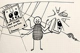 Drawing of a character with eight arms and legs standing in front of a web with a wolf spider trading card and a phone with a screen that is obscured by a light glare, and a question mark wrapped in webbing.