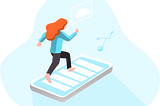 Long red hair streams behind a person leaping and bounding forward, supported by a phone which is also their staircase.