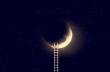 Moon in starry night sky with ladder