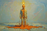 A painting of a person with a candle flame on their head, melting into a puddle, illustrating burnout and the loss of energy.