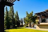 A backyard is shown with a lawn, pergola and tall trees, with blue sky in the background