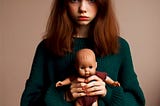 young woman holding a toy baby doll, looking sad