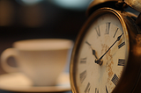Close-up of an antique clock with blurred hands, symbolizing the swift passage of time with a coffee cup faintly visible in the background