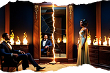 A torn picture representing gaslighting and a beautiful and attractive black couple torn apart by deception. The couple looks elegant like the fairytale couple but who can be trusted? What’s real? The room they are in has flames in the background. The mirror is cracked. The man reflected in the mirror doesn’t look like the man sitting in the chair representing distortion and deception.