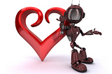 A digital image of a maroon robot leaning against a stylized red heart