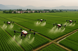 ChatGPT generated panoramic aerial image of drone swarm spraying crops
