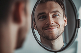 Man looking at himself smiling in mirror