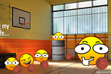 A smiling emoji sticks its head out of a stack of tires while other players and their coach look on. The text reads “Living my Zen life”.