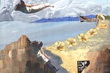 A beach sweeping to the right with clouds in the sky and a rock in the foreground is painted in watercolors. Collaged over this image are pictures of a lady in the sky and on the rock. Gaudy shoes and jeweled metal flowers are pasted over the beach.