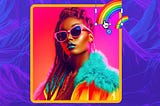 A Black woman with long, braided, half-up-half-down hair, on an orange-to-pink gradient background with an orange border. She’s wearing teal lipstick, pink sunglasses, large hoop earrings, and. a yellow puffer jacked with a teal fur collar and looking at the camera. In the upper right corner of the image are two small half rainbows (one of them inside a bounding box), a selector hand, and a redo arrow.