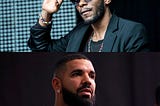 A horizontal combination of two photos: Yasiin Bey on the top half & Drake on the bottom half.