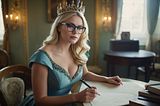 The author, a blonde woman with black glasses, is sitting in her writing room wearing a bejeweled crown and a light blue gown with gem and embroider trim. She is looking pensive with her pen poised above the pages of her open writing journal.