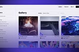 A stylized screenshot of Async Art’s “Gallery” page showcasing a grid of artwork in varying styles