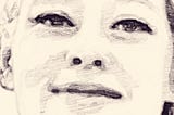 An electronic drawing, zoomed in on the photo that circulates on all media or Renee Nicole Good. You see mostly the eyes, looking straight at the reader, and a faint, distant smile.