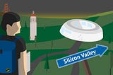 graphic of a person standing in a landscape in Brazil, wearing a backpack and looking toward an arrow labeled “Silicon Valley”