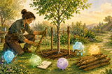 A gardener gently removes the support stakes from a young tree that has grown strong enough to stand on its own, while several small glowing AI companions carefully coil the ropes, take notes, and neatly stack the retired stakes, symbolizing a successful practice whose lessons endure after the implementation is retired.