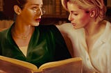 Eddie, blonde and wearing a white blouse and trousers, is sitting talking with Eleanor, her brunette hair in a bun, wearing her spectacles and a green blouse and gold jewelry, and holding an open book on her lap.