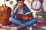 A boy reading a book, books and bags by his side, a clock is also there