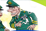 cartoon of a woman in uniform shocked by a leering officer pointing to anaked girl among his medal collection. Military sexual assault