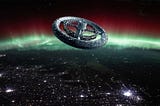A circular, rotating space station with artificial gravity in orbit above the Earth at night. Aurora are visible in the distance.