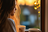 A woman looking out the window with a cup of coffee.