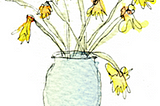 A watercolour painting of a blue vase of daffodils